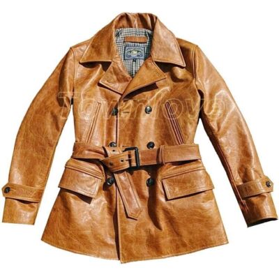 Men Vintage Style Double Breasted Retro Belted Pea Coat Horsehide Men Vintage Style Double Breasted Retro Belted Pea Coat Horsehide