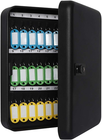 Black metal wall mount key storage box with 48 numbered slots, including one with a green code and two with yellow keys.