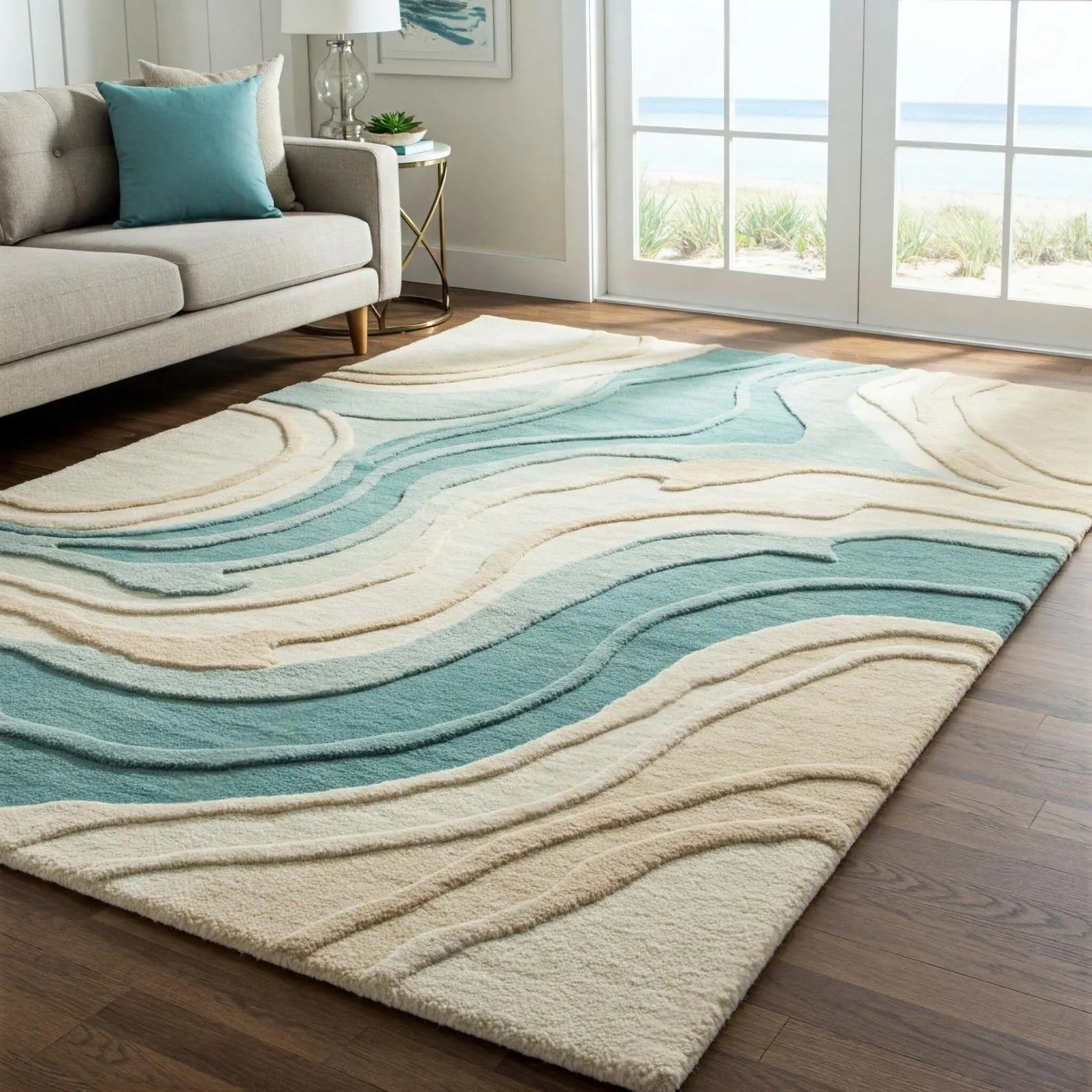 Coastal Modern Abstract  Teal & Cream – Soft Tufted Ocean Wave Design Carpet Rug