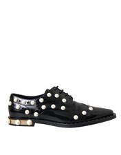 Dolce & Gabbana Black Leather Faux Pearl Dress Broque Women's Shoes Authentic