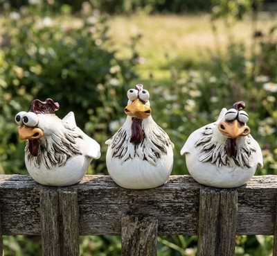 Set Of 3 Funny Farm Resin Chicken Sculptures Fence Home Decor Outdoor Animal