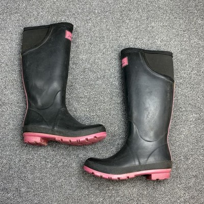 Joules Women's Knee-High Neola Black Pink Pull On Rubber Rain Boots US Size 8