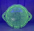 Vintage Jeannette Cherry Blossom Green Depression Glass Handled Cake Plate 10"