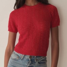 Doen Monica Alpaca Wool Pointelle Short Sleeve Sweater Top Cherry Red