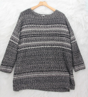J. Jill Women L Black White Textured Striped Marled Cozy Lodge Ski Sweater Cabin