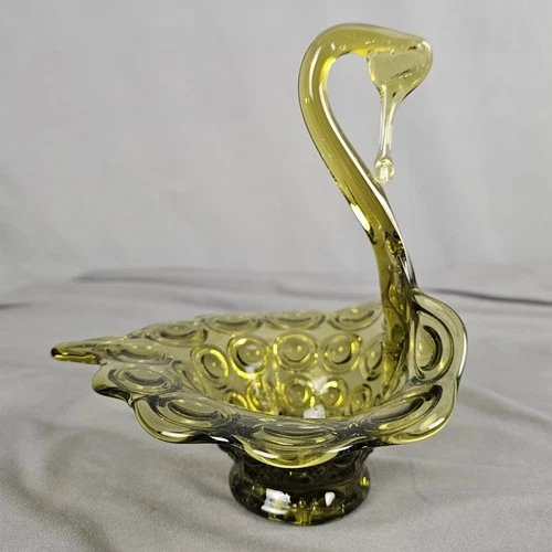 Vintage Murano Italy Glass Bullseye Olive Green Swan Candy Dish 8" X 7"