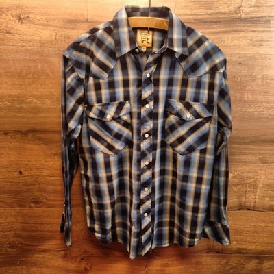 Vintage Resistol Double R Western Shirt 1990s Blue Plaid Cotton India Mens M