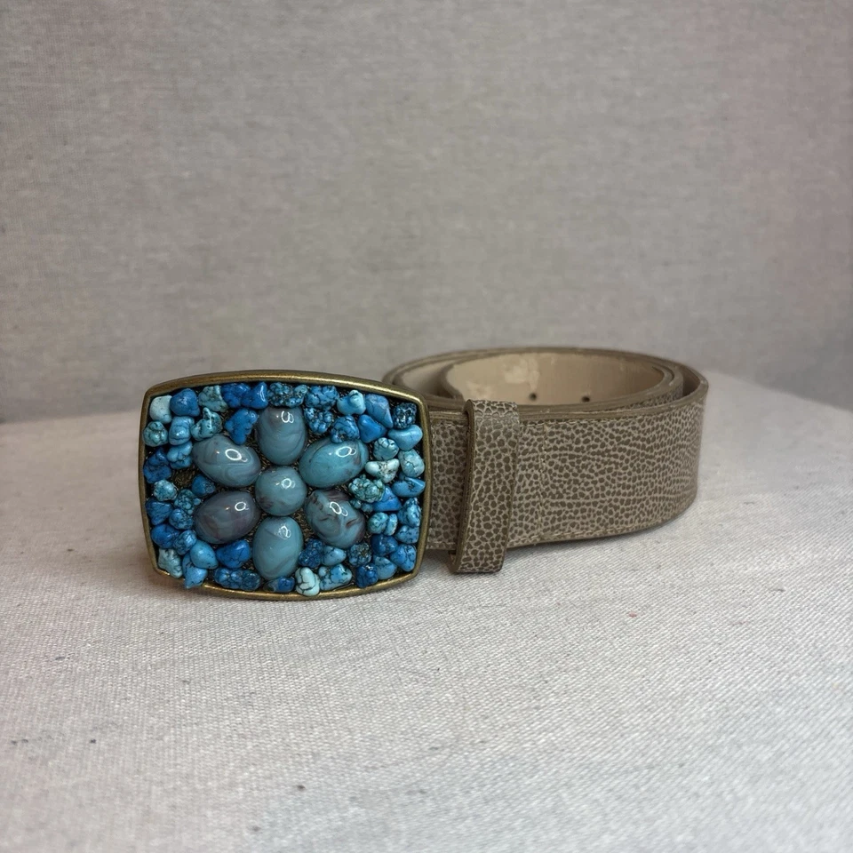 Elite Accesorios Cinturón Cuero Beige Talla Pequeña Turquesa Cuentas Hebilla Western Foto 3 de 4