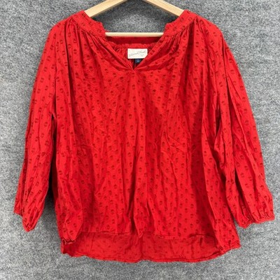 Universal Thread Blouse Women L Red Polka Dot V-Neck Long Sleeve Cotton Top