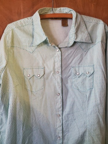 Wrangler Women's Western Shirt Pearl Snap Long Sleeve XXL Green Blue Pattern EUC