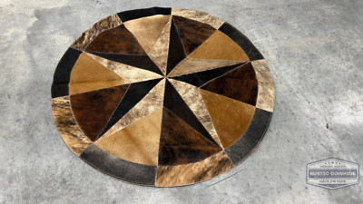Cowhide Rug, Brown Tones Leather, Star Patchwork Round Area 40  - 000