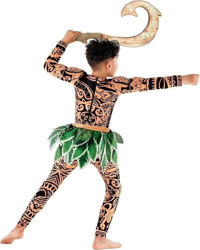 Kids Maui Costume Boys Tattoo Warrior Hawaiian Polynesian Demi God Bodysuit - Image 2 of 4