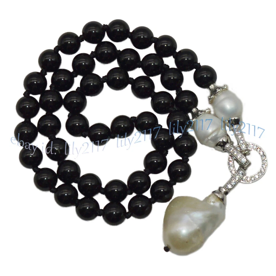 6/8/10/12 毫米黑色玛瑙宝石天然白色克西巴洛克珍珠吊坠项链 — 第 3/4 张图片
