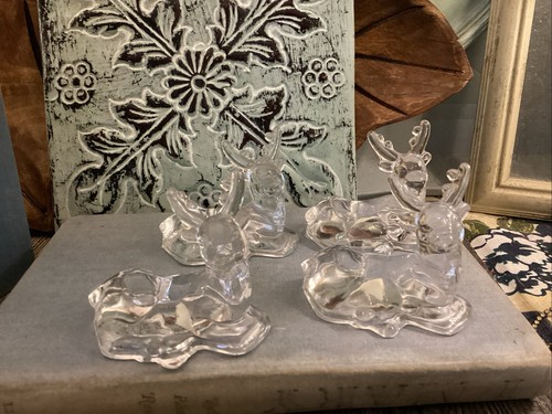 Set of 4 Biedermann Mini Taper Candle Holders Reindeer Deer Clear Glass Figurine - Picture 3 of 7