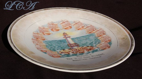 Rustic old 1910 calendar plate MEDFORD OREGON w/pic Light House WEST SIDE MARKET - Picture 2 of 3