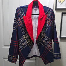 Stylewe Womens Blue/Red Plaid Short Blazer Jacket S Long Sleeve Button Lined