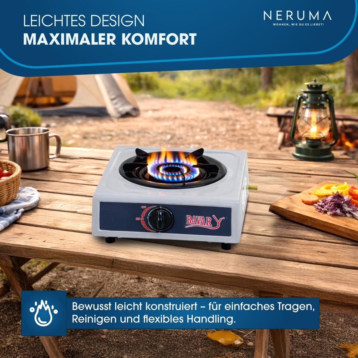 Gasherd 5 Flammen 2,5 KW – Freistehendes Camping-Kochfeld Mit Ablageflächen Und Windschutz, Manuelle Zündung, Für