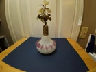 Vintage Milk Glass Perfume Bottle Pink Ruffle Trim Floral Stopper