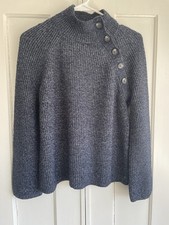 LOFT Heathered Navy Button Shoulder Mock Neck Sweater Sz Small Coastal Nautical