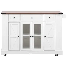 53'' Farmhouse Kitchen Island w/ 2 Tempered Glass Cabinet Doors For Dining Room