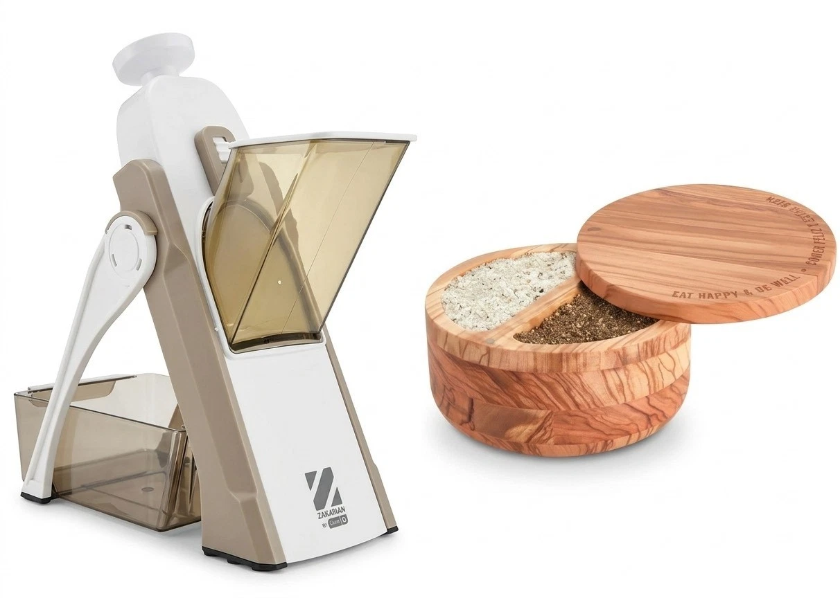 DASH Safe Slice Upright Mandolin Taupe + DASH Divided Olivewood Salt Cellar