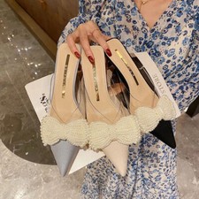 Women Pointed Toe Clear Sandals Slippers Transparent High Heels Bow Pumps Dress