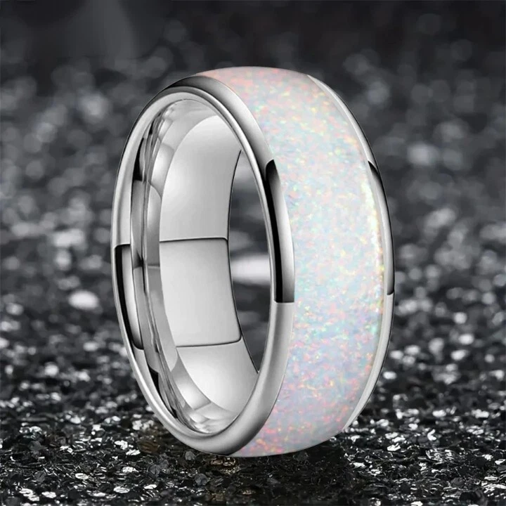 8MM Tungsten Carbide Ring Band Dome Polished Pink Opal Inlay Men Women Ring - Image 2 of 4