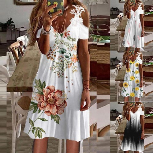 Womens Boho Floral V Neck Midi Dress Holiday Summer Lace Cold Shoulder  Sundress | eBay