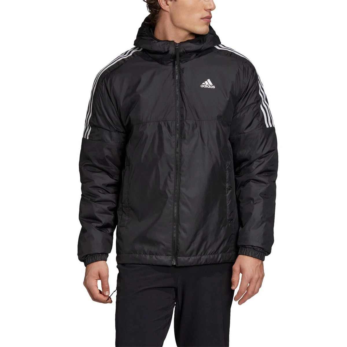 adidas Mens 3 Stripe Essential Hooded Jacket Puffer Heavyweight