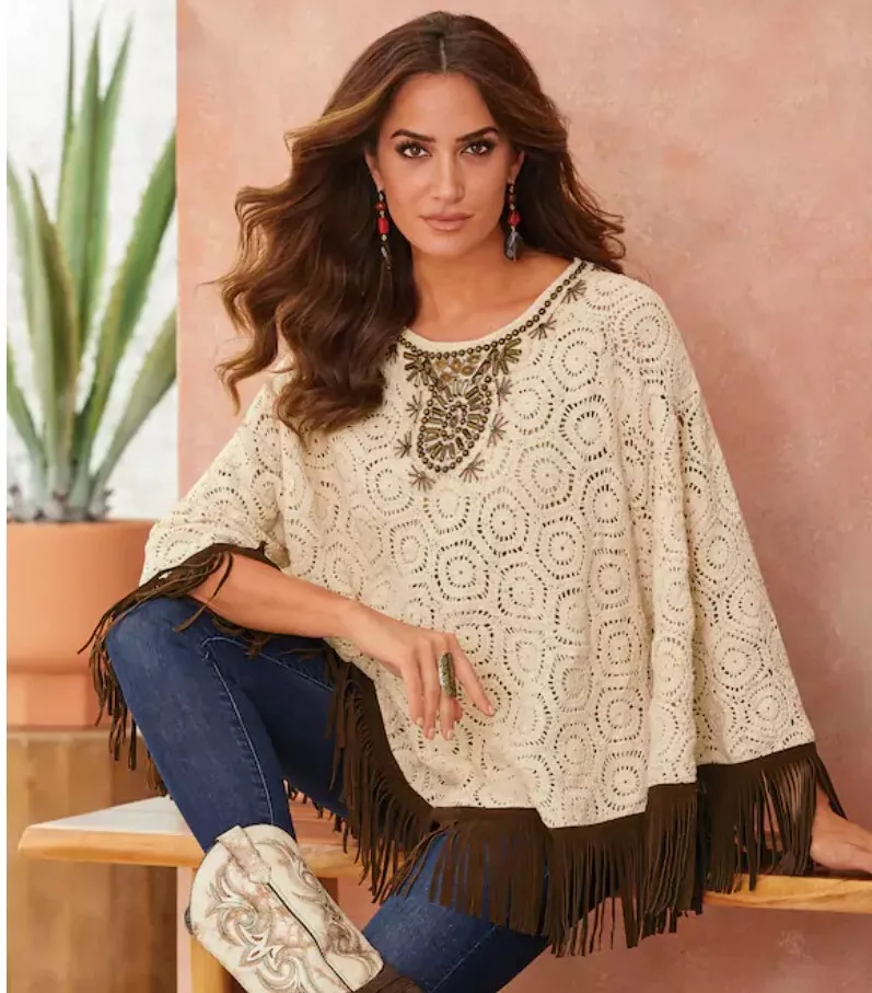 L XL Midnight Velvet Beige Lace Fringe Cowgirl Country Western Poncho Sweater