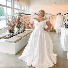 Simple Wedding Dresses Simple Satin Off Shoulder V Neck A Line Bridal Gowns