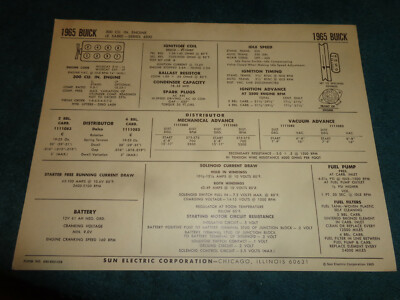 1965 BUICK LESABRE 300 V-8 ENGINE SUN TUNE-UP CHART / USEFUL ITEM!