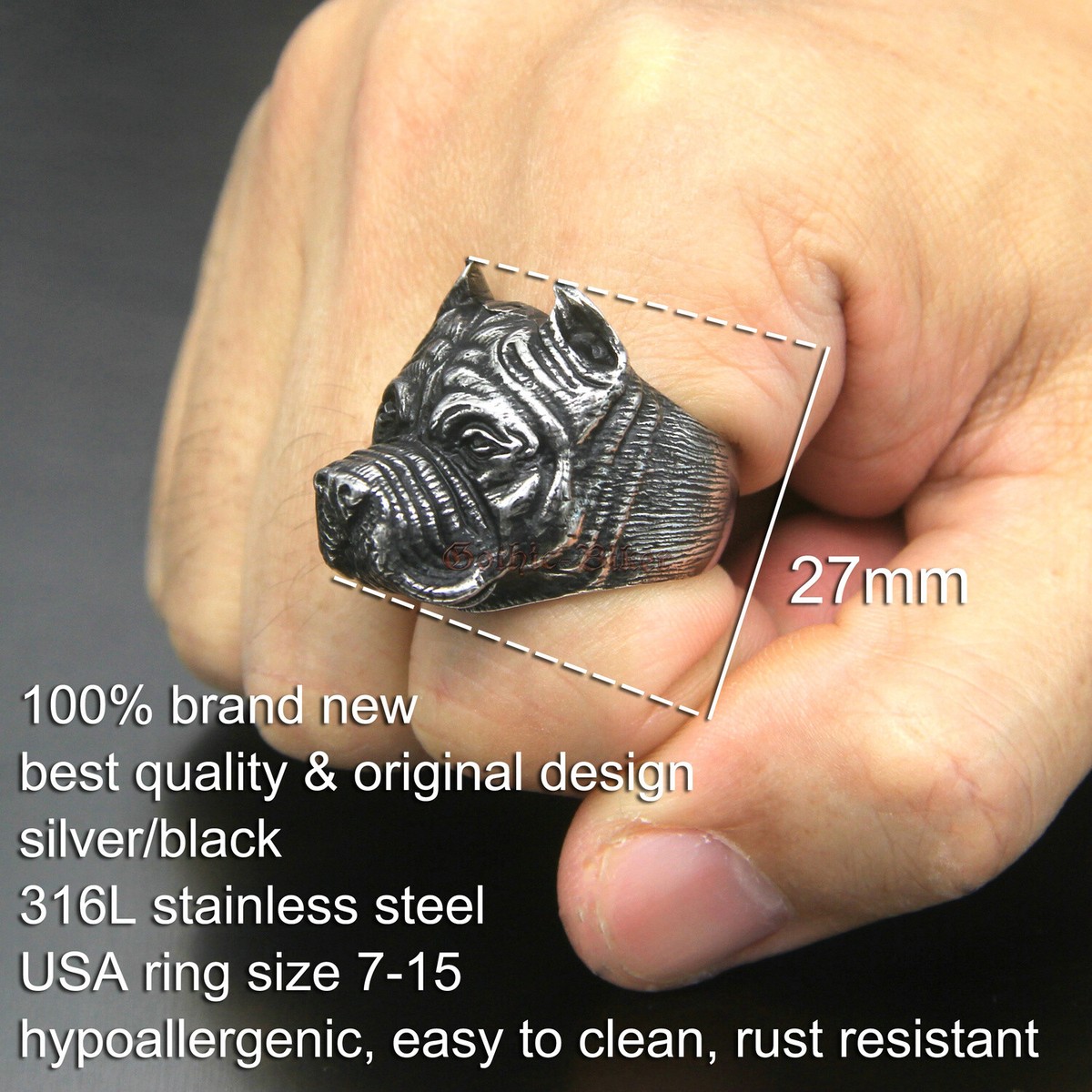 Retro Pitbull Pit Bull Dog 316L Stainless Steel Mens Biker Rocker