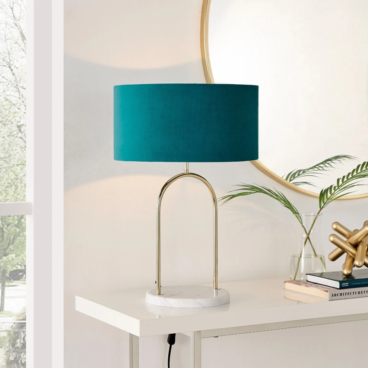 Danielle Table Lamp Teal Velvet Shade Brass and Marble Base eBay