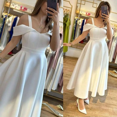 Simple Satin Short Wedding Dresses A Line Off the Shoulder Elegant Bridal  Gowns | eBay