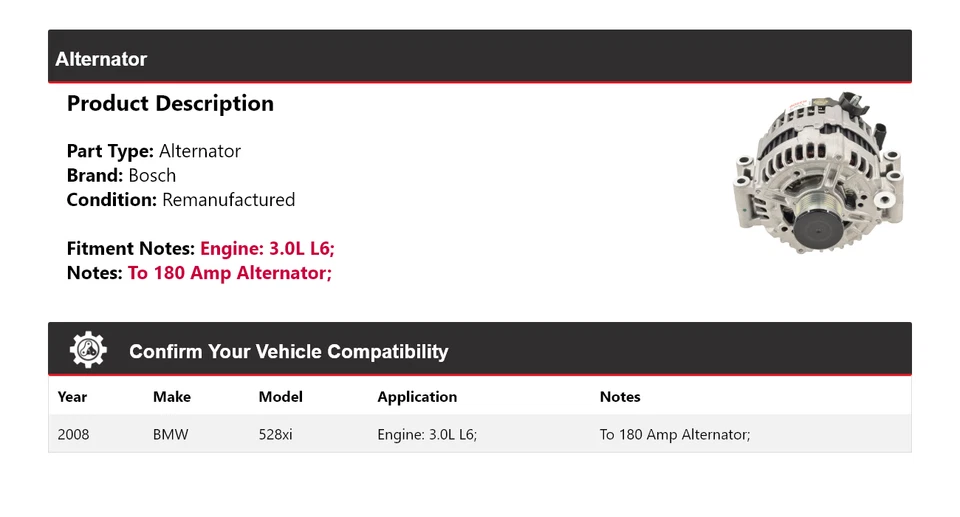 Alternador Bosch BMW 528xi 2008 3,0 L L6 (remanufacturado) Foto 2 de 4