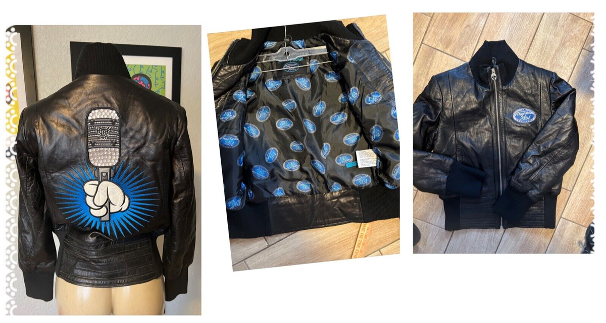 AMERICAN IDOL 100% LEATHER BOMBER JACKET MICKEY MOUSE BLACK LARGE