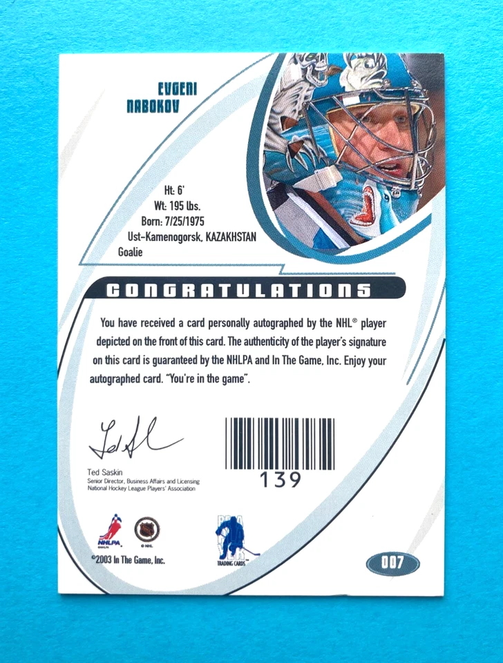 Evgeni Nabokov 2002-03 UD Be A Player Signature Auto Gold #7 San Jose Sharks - Image 2 of 2