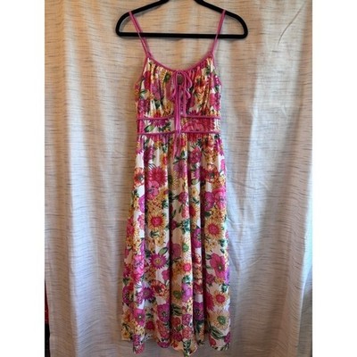Grace Karin Floral Maxi Dress Pink Yellow Empire Waist Smocked Back Small