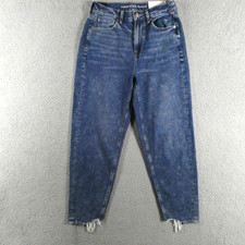 American Eagle 90s Mom Jeans Womens 4 Dark Wash High Rise Distressed Fringe Raw