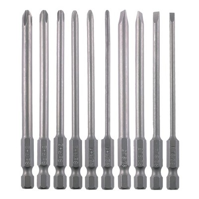 10PCS Long Screwdriver Bit Set, Slotted & Phillips, 1/4'' Hex Shank, Magnetic, S2