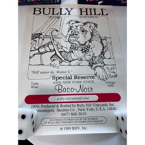 Vintage 1989 Bully Hill Vineyards Baco Noir Wine Poster Bulldog Walter S Taylor