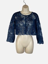Alex Evenings Women's Blue Glitter 3/4 Sleeve Scallop Hem Jacket Petite Size 14P