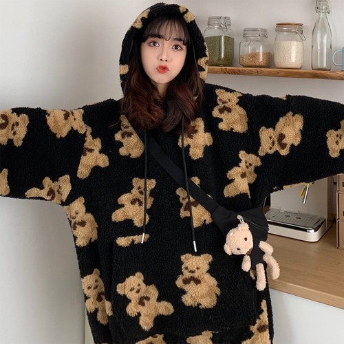 Fashionable Loose Sweater Oversized Bear Hooded Sweatshirt Nice Pullover Tops - Picture 6 of 17