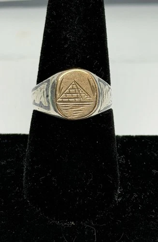 Vintage Egyptian Pyramid Gold Tone Plated Sterling Hallmark Unisex Signet Ring
