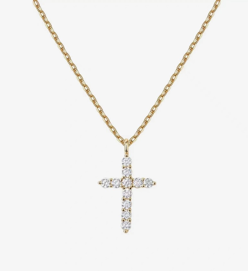 Women’s Dainty Golden Cross Pendant Sparkling CZ Inlay Thin Chain Necklace