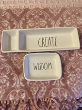 Rae Dunn Artisan Collection Ceramic Tray Set CREATE WISDOM White 2 Pieces