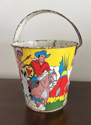 Vintage Ohio Art Tin Litho Western Sand Pail Graphics Of Cowboys & Indians 4”