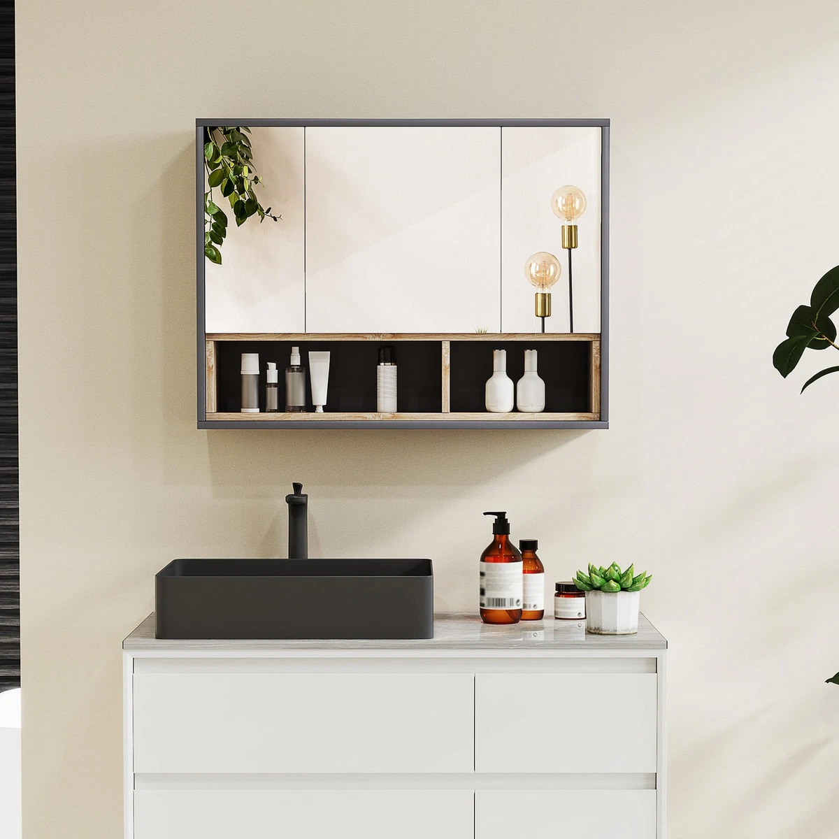 HOMCOM Mueble de Baño Montado en Pared Espejo Almacenamiento con Estantes Gris