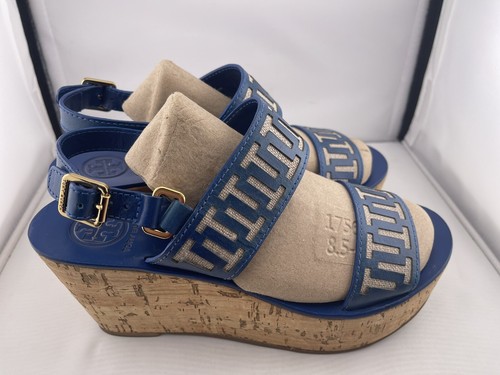 Tory Burch Women’s Size 9 Blue Regan T Logo Cork High Wedge Sandals